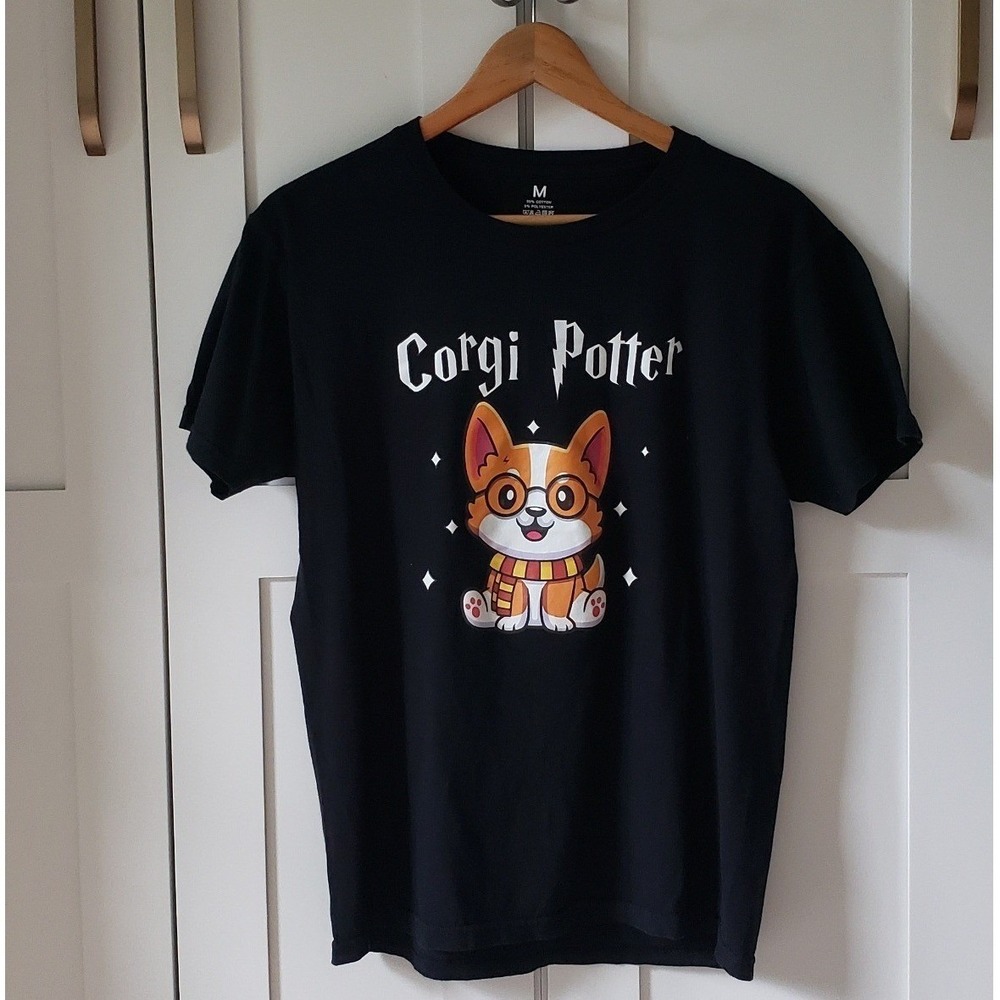 Corgi Potter Shirt Mens Medium Black Graphic Parody Short Sleeve Hogwarts Tee
